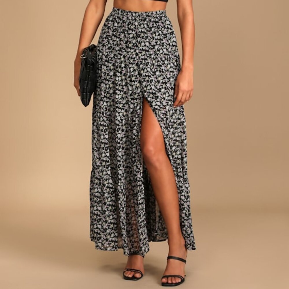 Lulus Subtle Sweetness Black Floral Print Tiered Maxi Skirt - Size L
